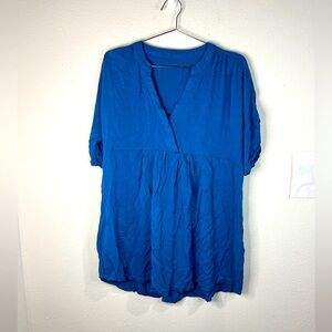 💙 Loose Fit Blue Babydoll Tunic Top - Flowy V-Neck Casual Blouse - Size Large 💙